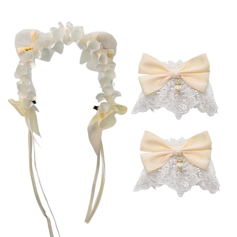 Mežģīņu galvas lente ar kaķu ausīm, loku un zvaniņu, rētainais raksts, viļņots siluets — karikatūras stils, sievietēm