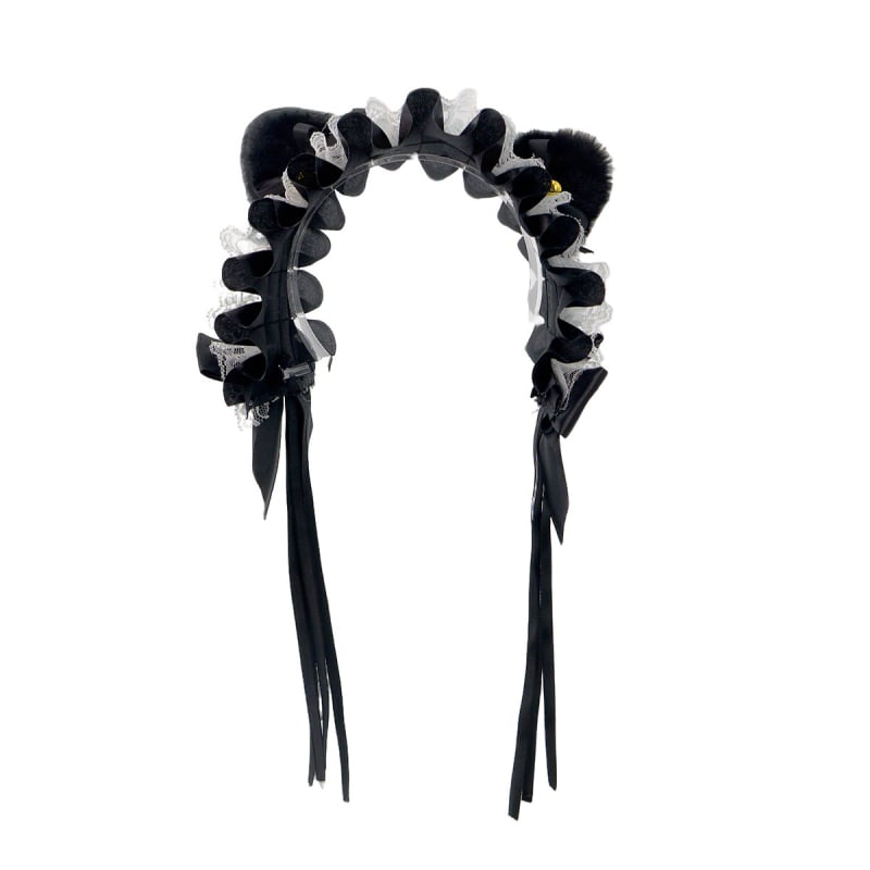 Mežģīņu galvas lente ar kaķu ausīm, loku un zvaniņu, rētainais raksts, viļņots siluets — karikatūras stils, sievietēm