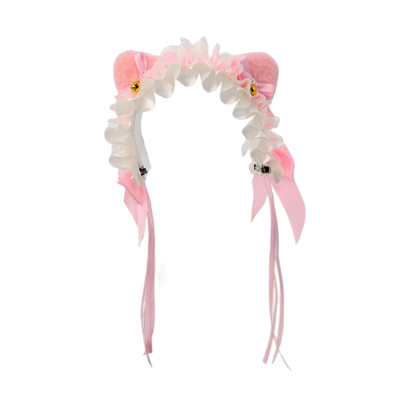 Mežģīņu galvas lente ar kaķu ausīm, loku un zvaniņu, rētainais raksts, viļņots siluets — karikatūras stils, sievietēm