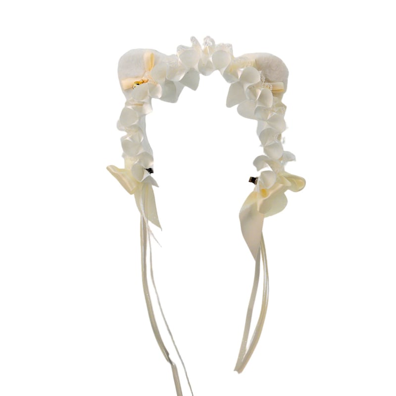 Mežģīņu galvas lente ar kaķu ausīm, loku un zvaniņu, rētainais raksts, viļņots siluets — karikatūras stils, sievietēm