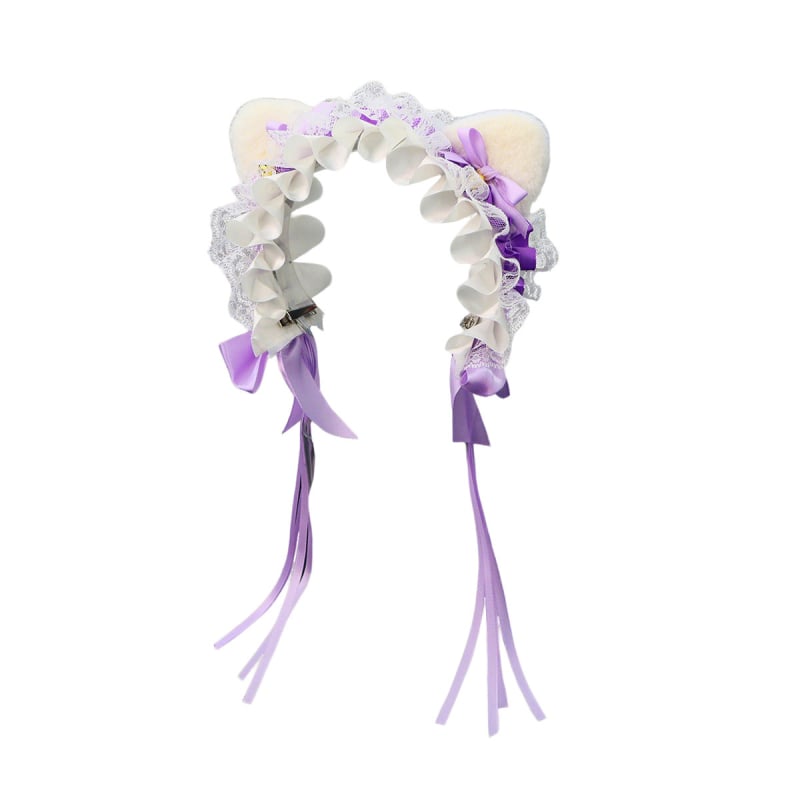 Mežģīņu galvas lente ar kaķu ausīm, loku un zvaniņu, rētainais raksts, viļņots siluets — karikatūras stils, sievietēm