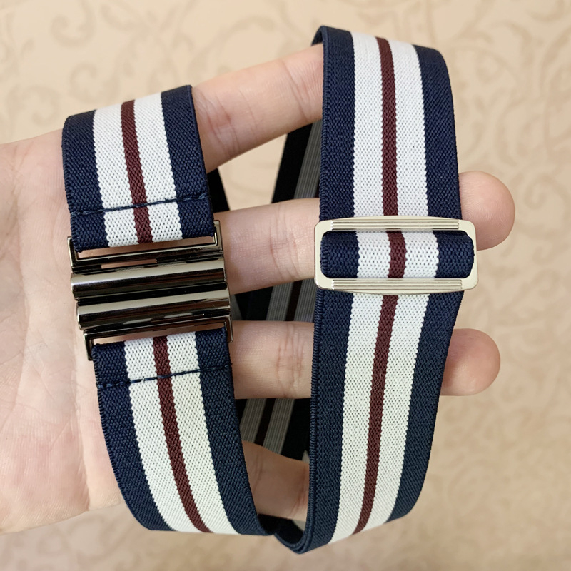 Elastični pojas s podesivom duljinom, prugast dizajn, nevidljivi bešavni pojas za struk, materijal: tkanina, kopča od legure, kvadratnog oblika, automatsko zaključavanje, širina 2–4 cm