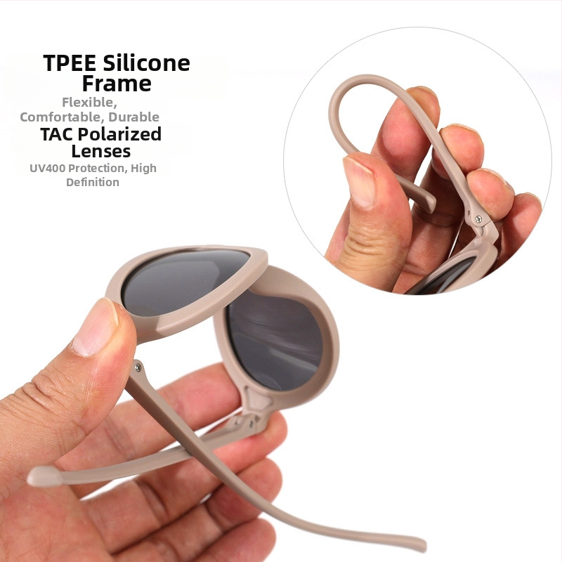 Detské slnečné okuliare s kruhovým rámom zo silikónu, UV400 ochrana, polarizované TAC šošovky, plný rám, materiál rámu: TPEE