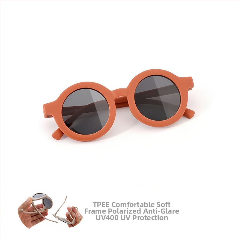 Bērnu saulesbrilles ar silikona apaļu rāmi, UV400 aizsardzība, polarizētas TAC lēcas, pilns rāmis, rāmis materiāls: TPEE