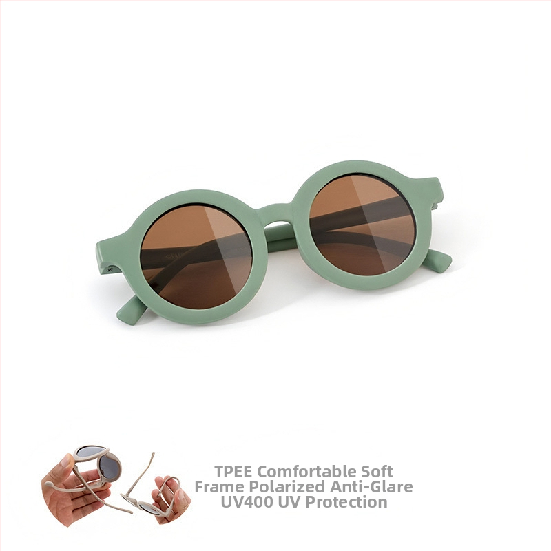 Bērnu saulesbrilles ar silikona apaļu rāmi, UV400 aizsardzība, polarizētas TAC lēcas, pilns rāmis, rāmis materiāls: TPEE