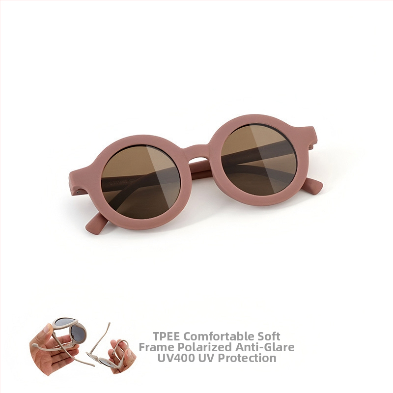 Bērnu saulesbrilles ar silikona apaļu rāmi, UV400 aizsardzība, polarizētas TAC lēcas, pilns rāmis, rāmis materiāls: TPEE