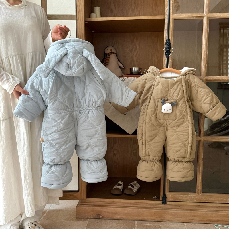 Kūdikių berniukų kombinezonas su fleece viduje, storas žieminis audinys, 100% poliesteris, su gobtuvu ir užtrauktuku, 1–3 metų amžius