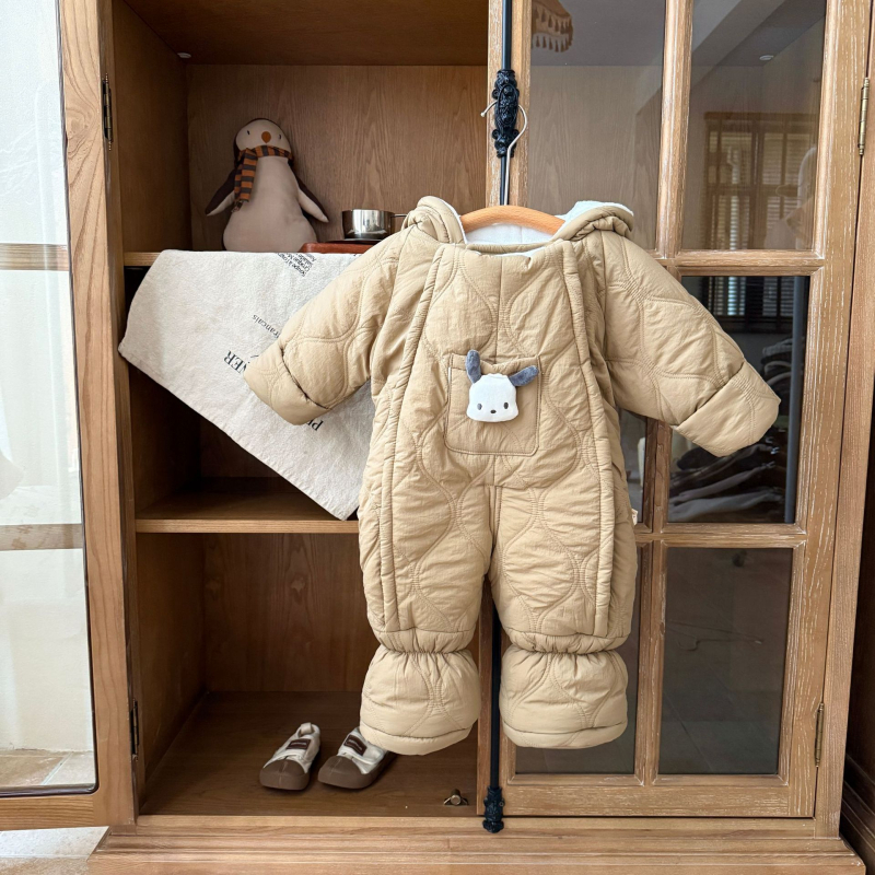 Kūdikių berniukų kombinezonas su fleece viduje, storas žieminis audinys, 100% poliesteris, su gobtuvu ir užtrauktuku, 1–3 metų amžius