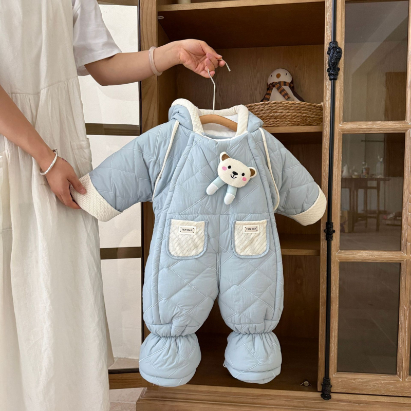 Kūdikių berniukų kombinezonas su fleece viduje, storas žieminis audinys, 100% poliesteris, su gobtuvu ir užtrauktuku, 1–3 metų amžius