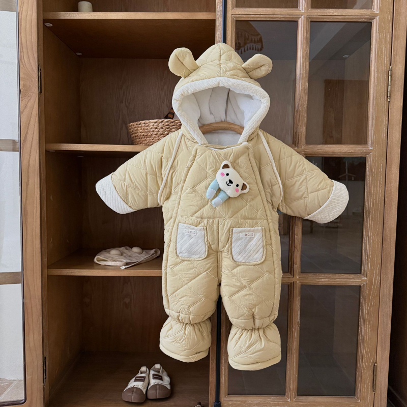 Kūdikių berniukų kombinezonas su fleece viduje, storas žieminis audinys, 100% poliesteris, su gobtuvu ir užtrauktuku, 1–3 metų amžius