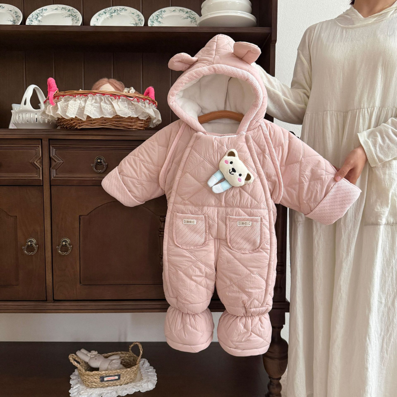 Kūdikių berniukų kombinezonas su fleece viduje, storas žieminis audinys, 100% poliesteris, su gobtuvu ir užtrauktuku, 1–3 metų amžius