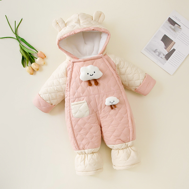 Kūdikių berniukų kombinezonas su fleece viduje, storas žieminis audinys, 100% poliesteris, su gobtuvu ir užtrauktuku, 1–3 metų amžius