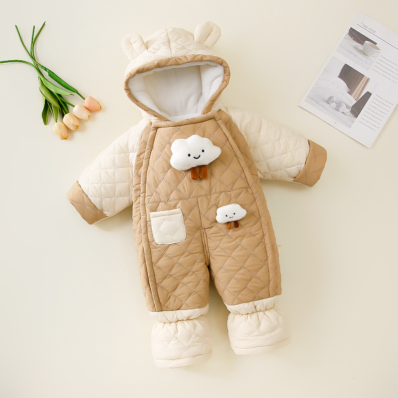 Kūdikių berniukų kombinezonas su fleece viduje, storas žieminis audinys, 100% poliesteris, su gobtuvu ir užtrauktuku, 1–3 metų amžius