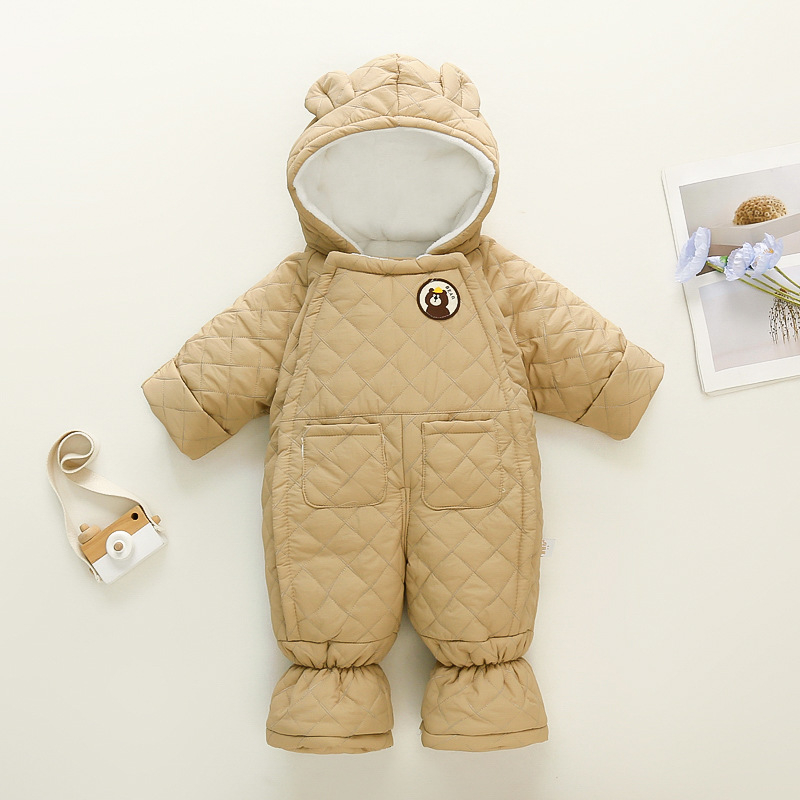 Kūdikių berniukų kombinezonas su fleece viduje, storas žieminis audinys, 100% poliesteris, su gobtuvu ir užtrauktuku, 1–3 metų amžius
