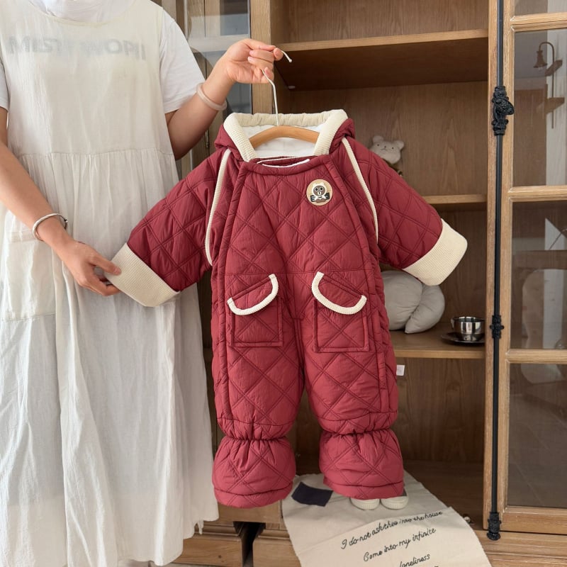 Kūdikių berniukų kombinezonas su fleece viduje, storas žieminis audinys, 100% poliesteris, su gobtuvu ir užtrauktuku, 1–3 metų amžius