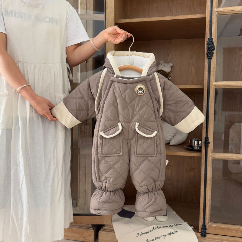 Kūdikių berniukų kombinezonas su fleece viduje, storas žieminis audinys, 100% poliesteris, su gobtuvu ir užtrauktuku, 1–3 metų amžius