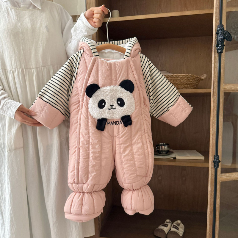 Kūdikių berniukų kombinezonas su fleece viduje, storas žieminis audinys, 100% poliesteris, su gobtuvu ir užtrauktuku, 1–3 metų amžius