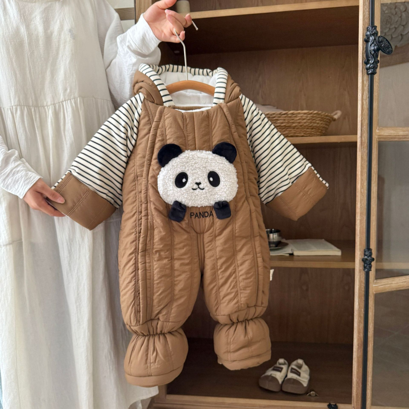 Kūdikių berniukų kombinezonas su fleece viduje, storas žieminis audinys, 100% poliesteris, su gobtuvu ir užtrauktuku, 1–3 metų amžius