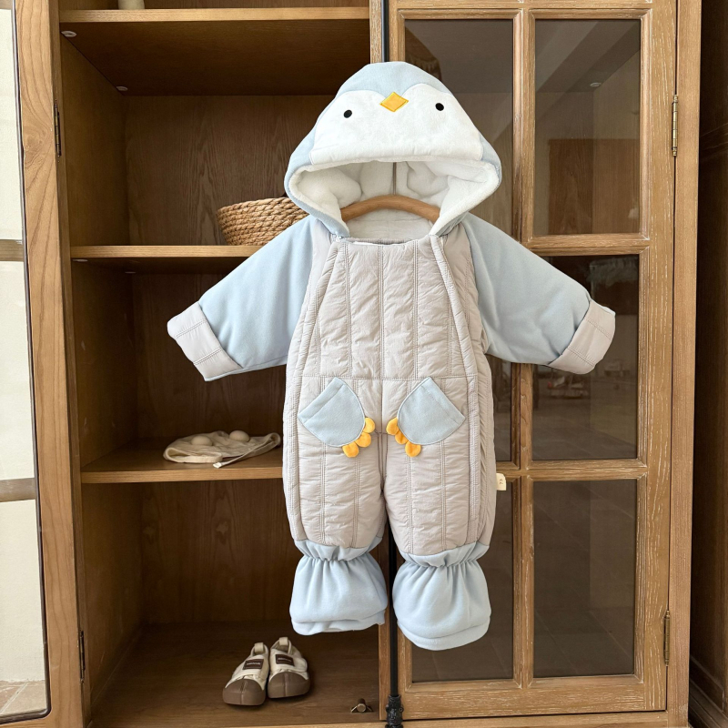 Kūdikių berniukų kombinezonas su fleece viduje, storas žieminis audinys, 100% poliesteris, su gobtuvu ir užtrauktuku, 1–3 metų amžius