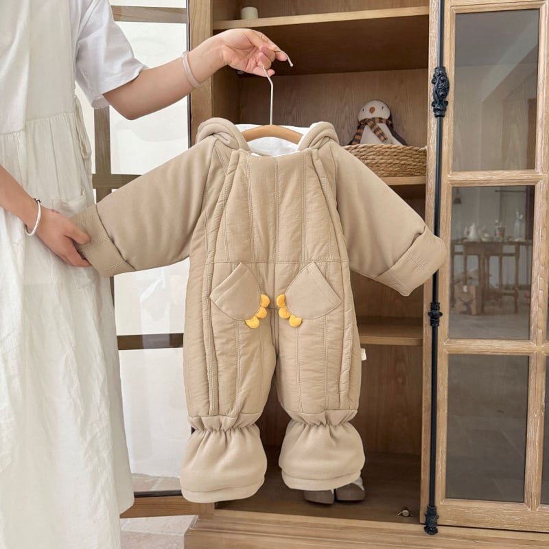 Kūdikių berniukų kombinezonas su fleece viduje, storas žieminis audinys, 100% poliesteris, su gobtuvu ir užtrauktuku, 1–3 metų amžius