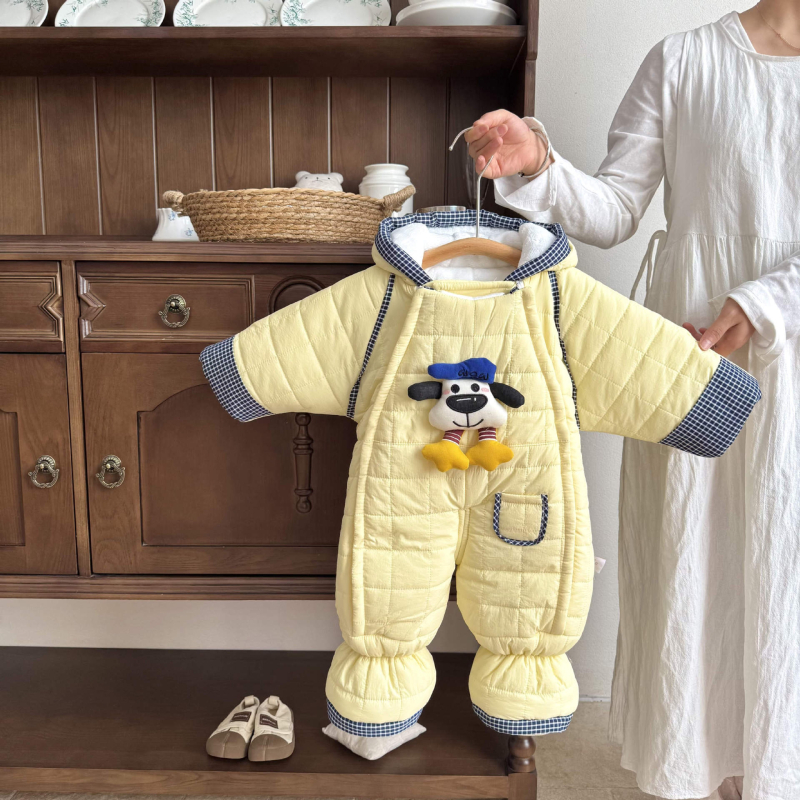 Kūdikių berniukų kombinezonas su fleece viduje, storas žieminis audinys, 100% poliesteris, su gobtuvu ir užtrauktuku, 1–3 metų amžius