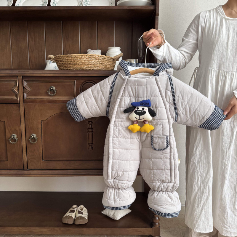 Kūdikių berniukų kombinezonas su fleece viduje, storas žieminis audinys, 100% poliesteris, su gobtuvu ir užtrauktuku, 1–3 metų amžius