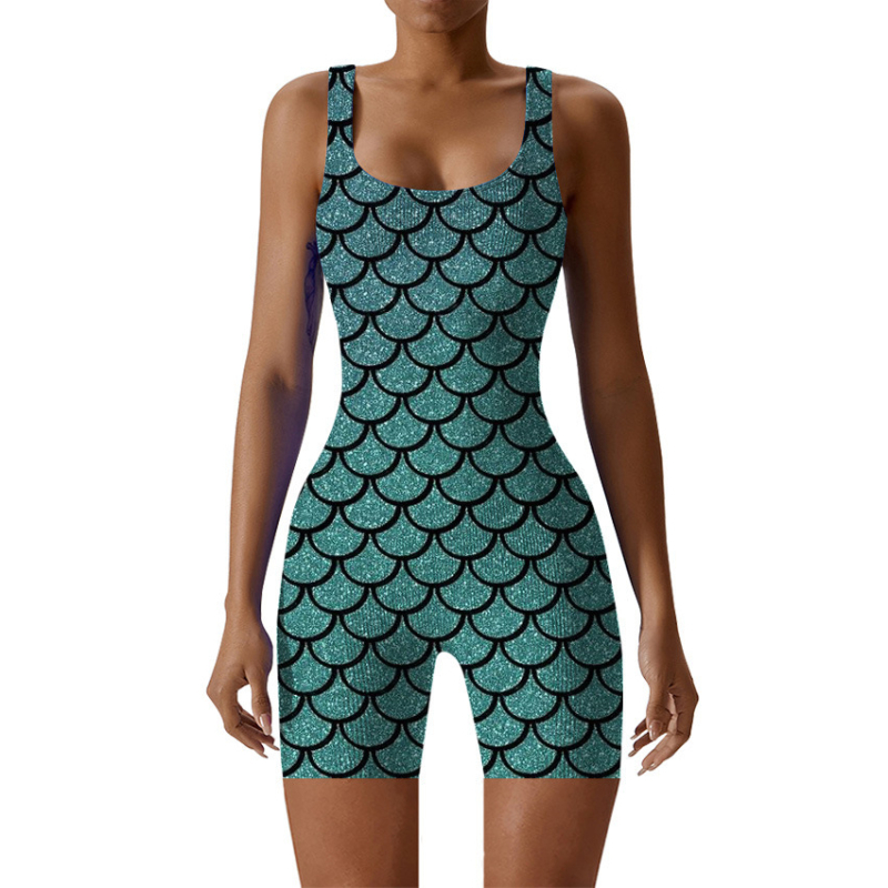 Kombinezonas su 3D skaitmeniniu spaudinimu žuvų žvynų raštu, be rankovių, elastinė juosmens dalis, trijų ketvirtinių ilgio kelnės, poliesterio audinys.