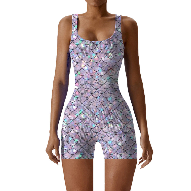 Kombinezonas su 3D skaitmeniniu spaudinimu žuvų žvynų raštu, be rankovių, elastinė juosmens dalis, trijų ketvirtinių ilgio kelnės, poliesterio audinys.