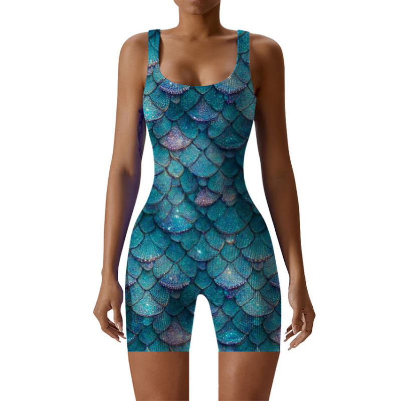 Kombinezonas su 3D skaitmeniniu spaudinimu žuvų žvynų raštu, be rankovių, elastinė juosmens dalis, trijų ketvirtinių ilgio kelnės, poliesterio audinys.