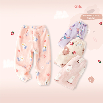 Vaikų flisinės kelnes su koralo velūru audiniu, 100% poliesteris, vidurinis juosmuo, kelnių ilgis, švelnus apdailos