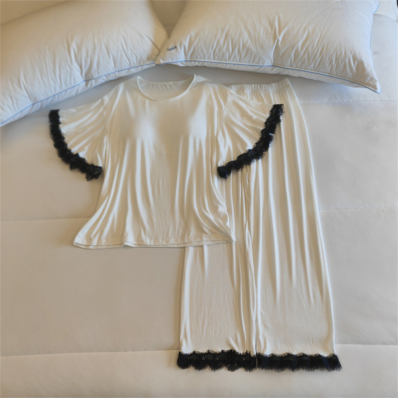 Комплект пижами от модал за жени, топ с кръгло деколте и ръкави 3/4, панталони, с подплънка за бюста, средно тегло модалова материя (161–180 г/м2)