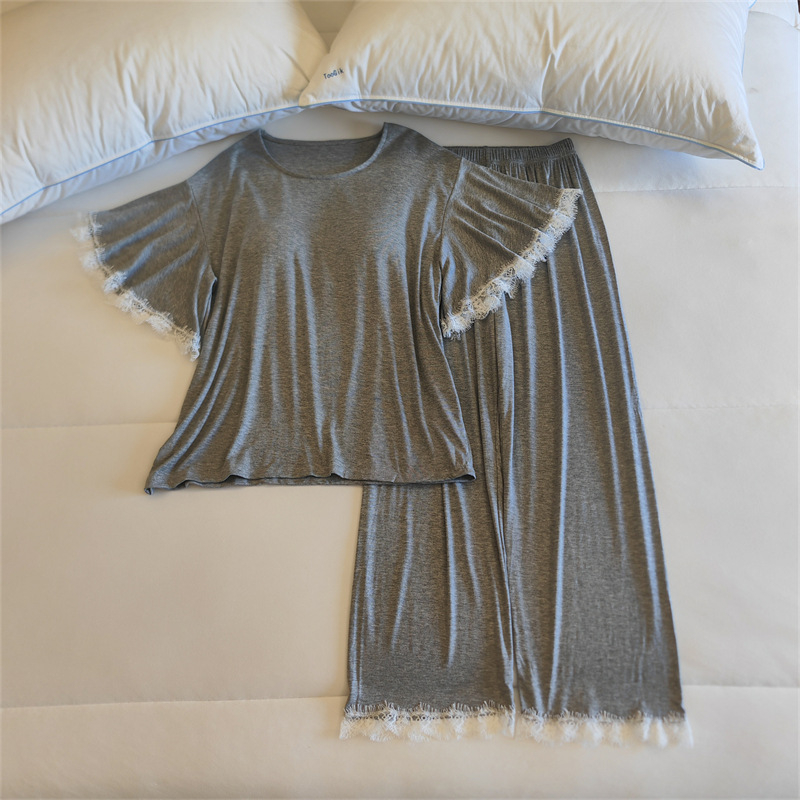 Комплект пижами от модал за жени, топ с кръгло деколте и ръкави 3/4, панталони, с подплънка за бюста, средно тегло модалова материя (161–180 г/м2)