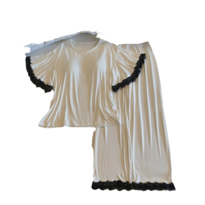 Комплект пижами от модал за жени, топ с кръгло деколте и ръкави 3/4, панталони, с подплънка за бюста, средно тегло модалова материя (161–180 г/м2)