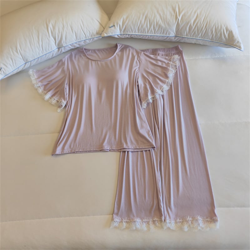 Комплект пижами от модал за жени, топ с кръгло деколте и ръкави 3/4, панталони, с подплънка за бюста, средно тегло модалова материя (161–180 г/м2)