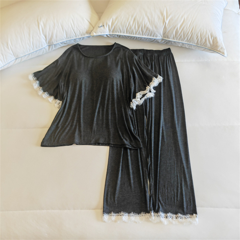 Комплект пижами от модал за жени, топ с кръгло деколте и ръкави 3/4, панталони, с подплънка за бюста, средно тегло модалова материя (161–180 г/м2)