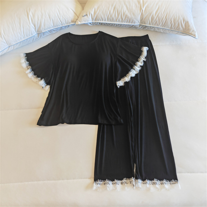 Комплект пижами от модал за жени, топ с кръгло деколте и ръкави 3/4, панталони, с подплънка за бюста, средно тегло модалова материя (161–180 г/м2)