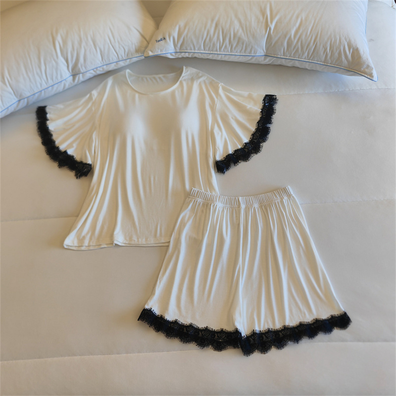 Комплект пижами от модал за жени, топ с кръгло деколте и ръкави 3/4, панталони, с подплънка за бюста, средно тегло модалова материя (161–180 г/м2)