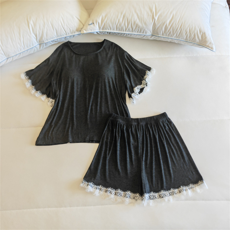 Комплект пижами от модал за жени, топ с кръгло деколте и ръкави 3/4, панталони, с подплънка за бюста, средно тегло модалова материя (161–180 г/м2)