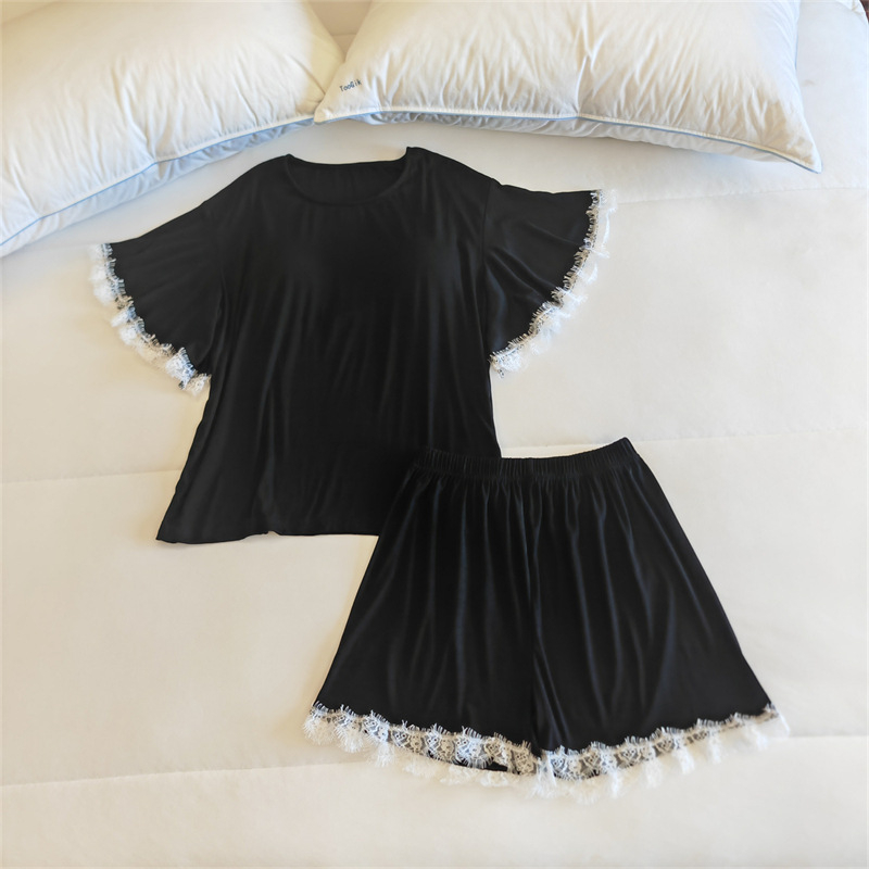 Комплект пижами от модал за жени, топ с кръгло деколте и ръкави 3/4, панталони, с подплънка за бюста, средно тегло модалова материя (161–180 г/м2)