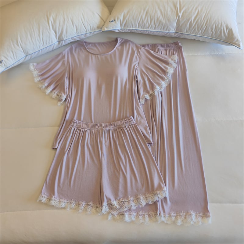 Комплект пижами от модал за жени, топ с кръгло деколте и ръкави 3/4, панталони, с подплънка за бюста, средно тегло модалова материя (161–180 г/м2)