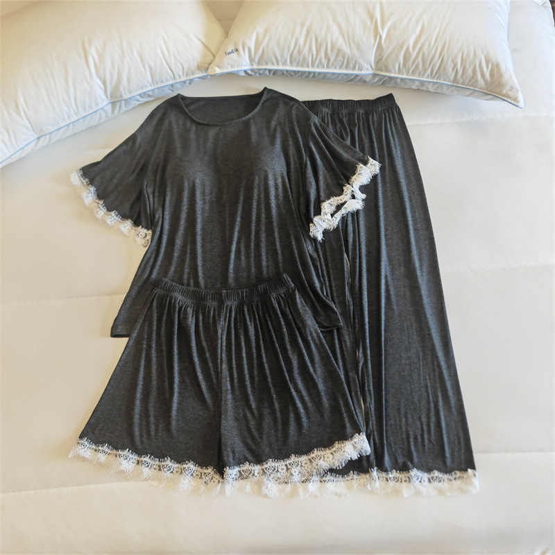 Комплект пижами от модал за жени, топ с кръгло деколте и ръкави 3/4, панталони, с подплънка за бюста, средно тегло модалова материя (161–180 г/м2)