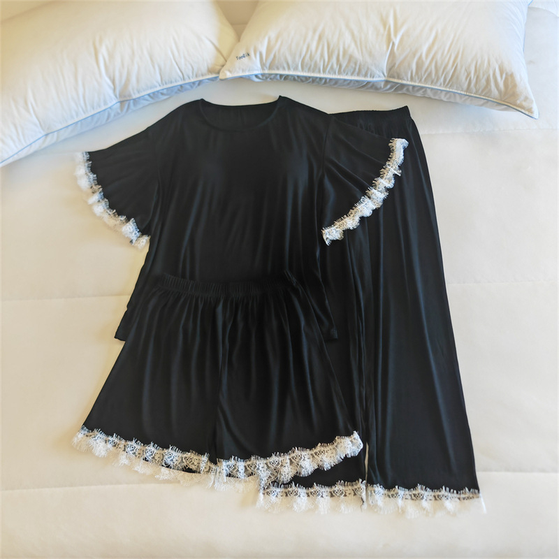 Комплект пижами от модал за жени, топ с кръгло деколте и ръкави 3/4, панталони, с подплънка за бюста, средно тегло модалова материя (161–180 г/м2)