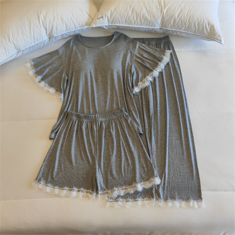 Комплект пижами от модал за жени, топ с кръгло деколте и ръкави 3/4, панталони, с подплънка за бюста, средно тегло модалова материя (161–180 г/м2)