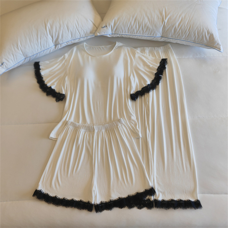 Комплект пижами от модал за жени, топ с кръгло деколте и ръкави 3/4, панталони, с подплънка за бюста, средно тегло модалова материя (161–180 г/м2)