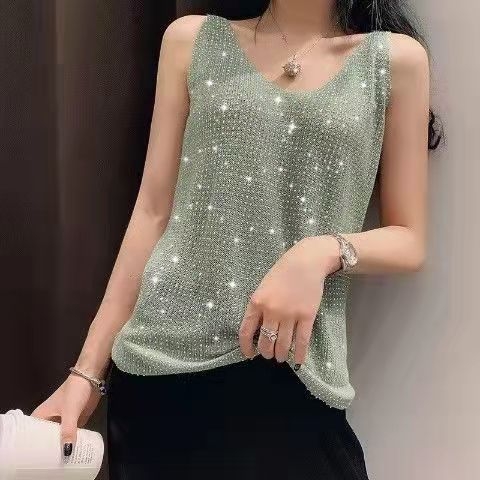 Ženski ice silk top s rhinestones, bez naramenica, V-izrez, ležerni ljetni top
