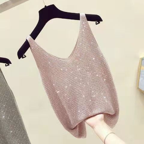 Ženski ice silk top s rhinestones, bez naramenica, V-izrez, ležerni ljetni top