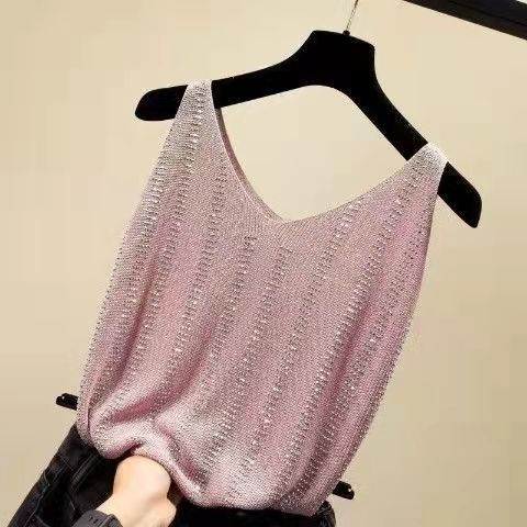 Ženski ice silk top s rhinestones, bez naramenica, V-izrez, ležerni ljetni top