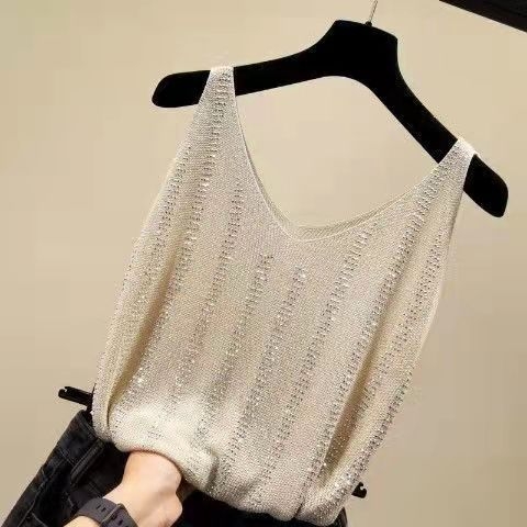 Ženski ice silk top s rhinestones, bez naramenica, V-izrez, ležerni ljetni top