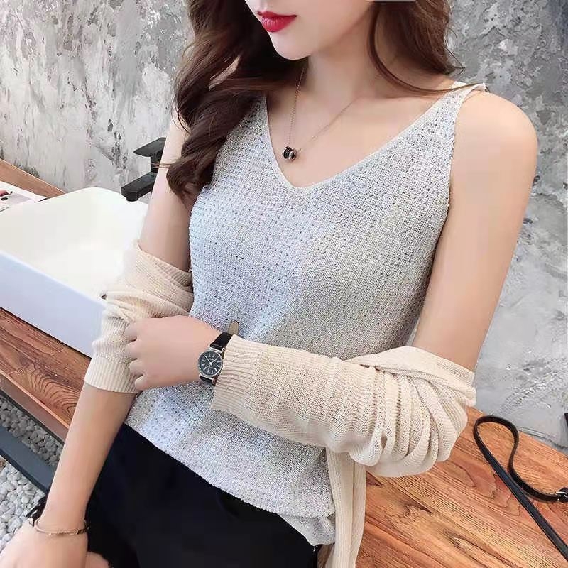Ženski ice silk top s rhinestones, bez naramenica, V-izrez, ležerni ljetni top
