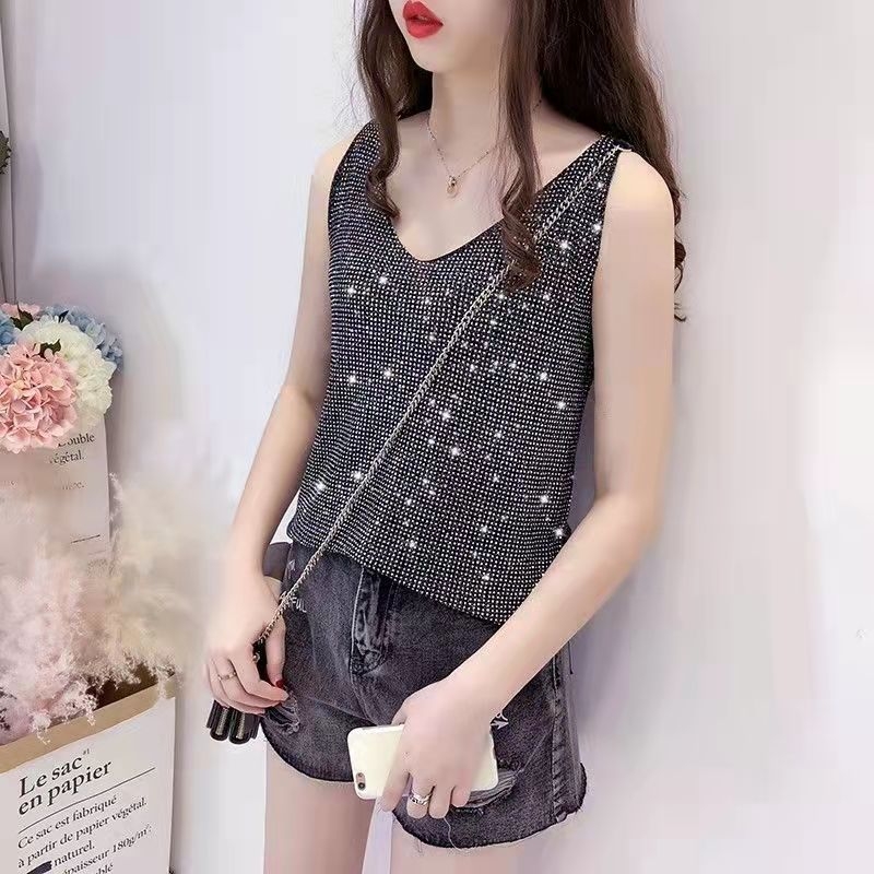 Ženski ice silk top s rhinestones, bez naramenica, V-izrez, ležerni ljetni top